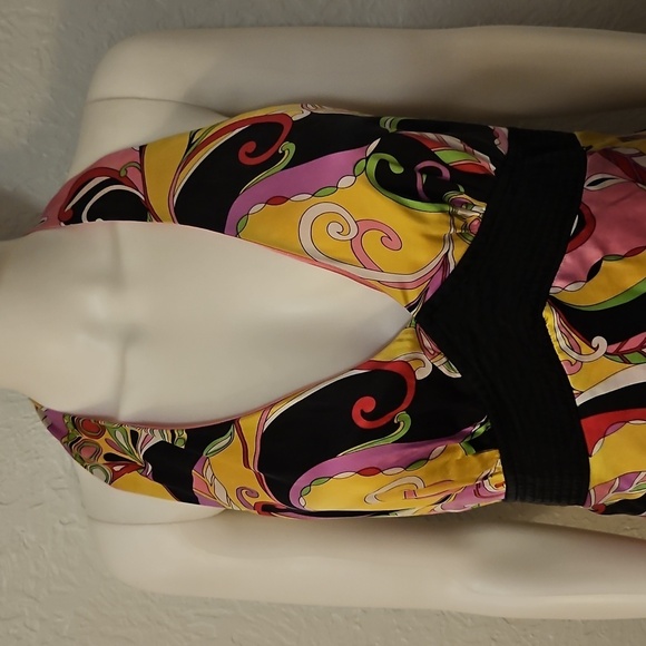 Vtg ROBBIE BEE Vibrant Multicolor Floral Mod Satin Halter Silk Dress - Picture 4 of 12